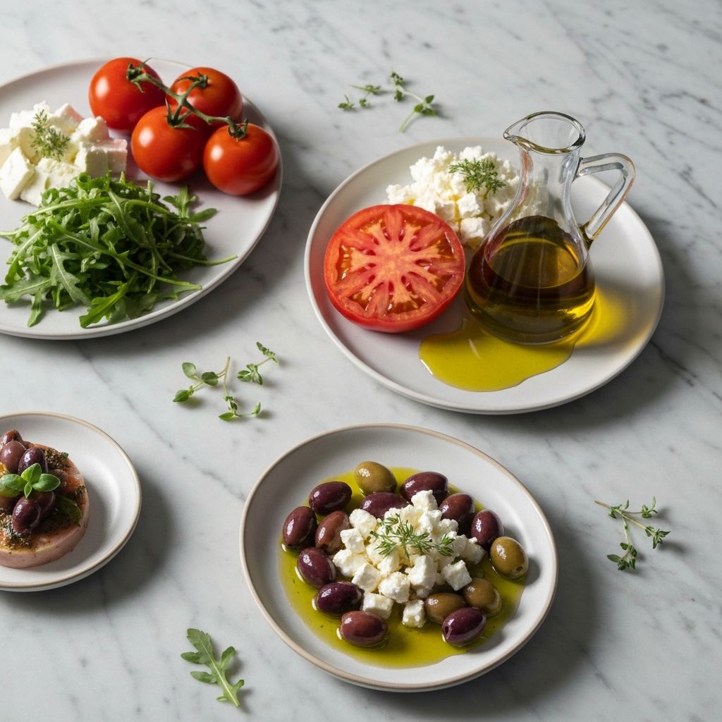 Mediterranean-style meal composition with vegetables and herbs